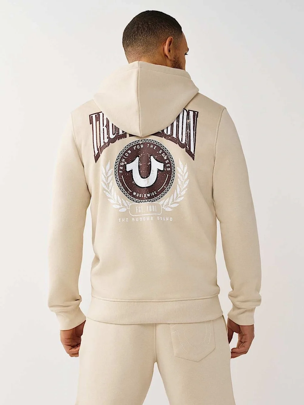 True Religion Cream Full-Zip Hooded Sweatshirt with Chest Patch